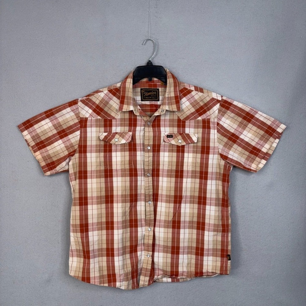 Howler Brothers Shirt Mens XL Orange Plaid Western Snap Outdoor Gorpcore Cowboy